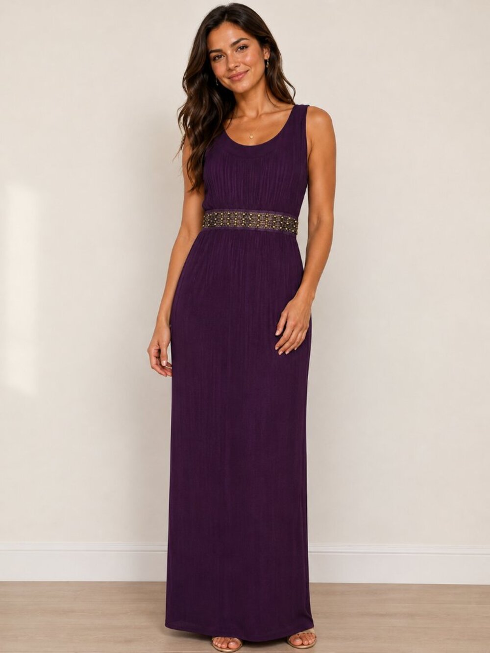 Sleeveless Purple Maxi Dress with Embellished Waist
